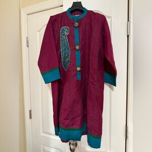 Handmade from Guatemala Maroon/Teal/Embroidered Cotton Short Dress, Size Medium